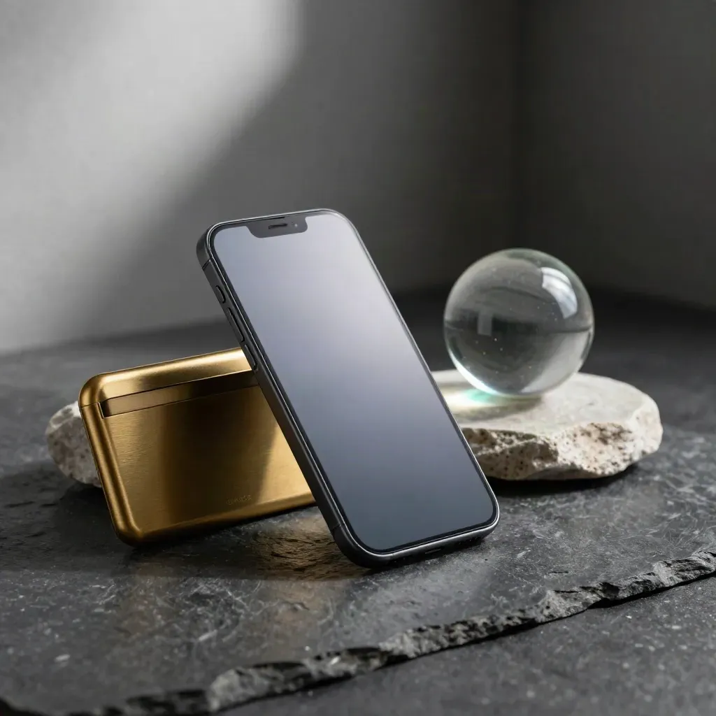 Matte smartphone, brass card case, and glass orb on charcoal stone with a soft teal glow.