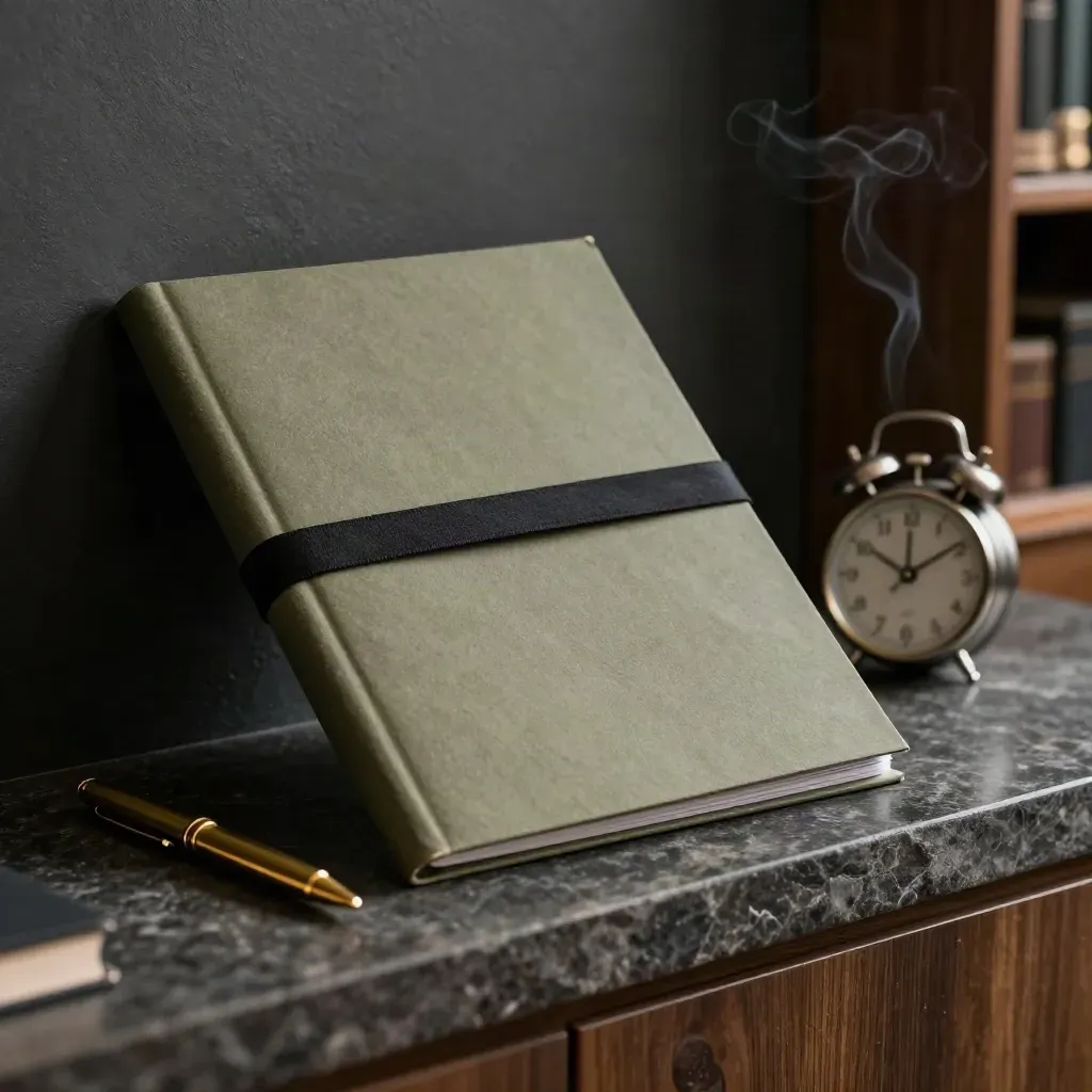 Sealed offer folder, brass pen, and clock on a dark stone ledge under dramatic light.