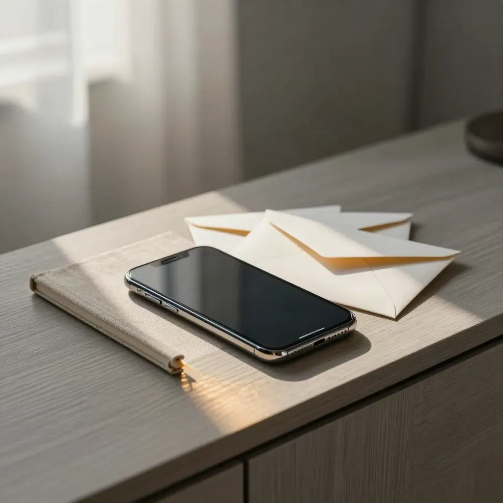 Smartphone, slim notebook, and three notification envelopes on a modern career desk in soft light.