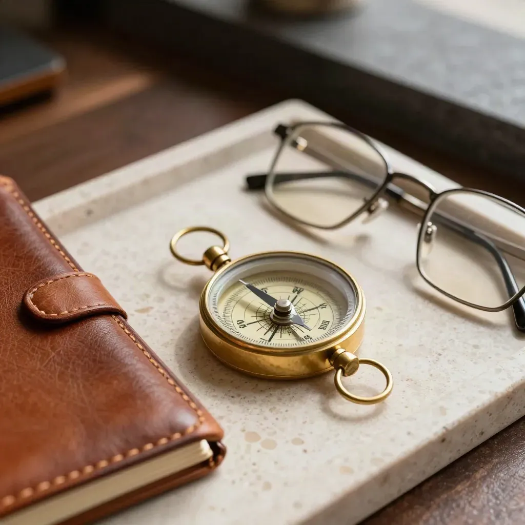 Macro still life of a compass, leather notebook and reading glasses on travertine.