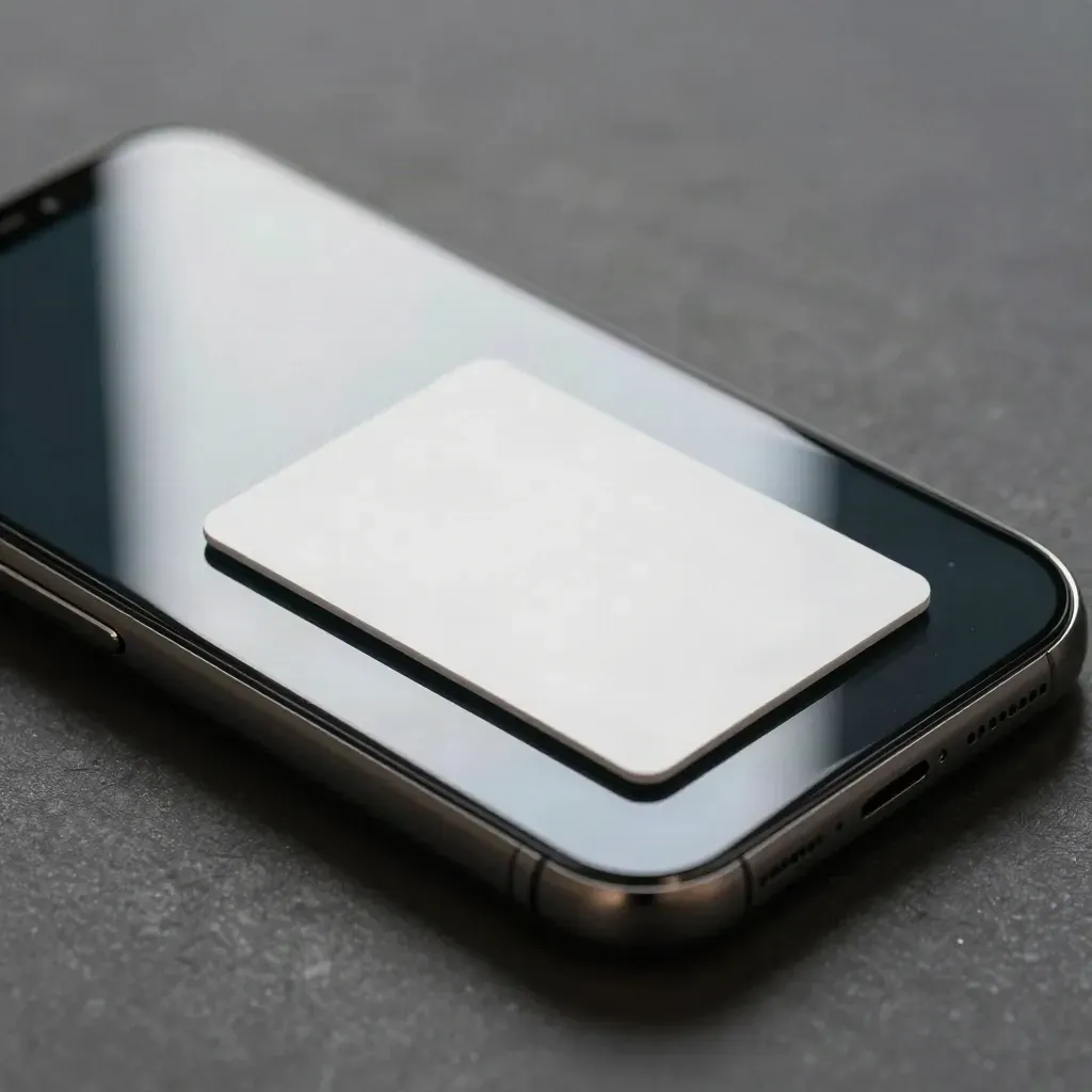 Macro still life of a dark smartphone, mirror tile, and blank card holder with teal reflection.