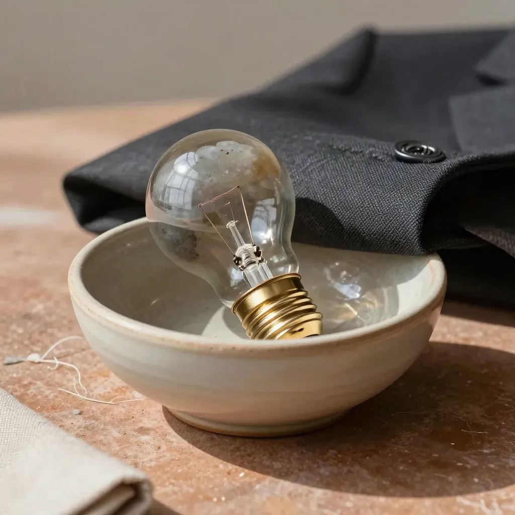 Ceramic bowl with stage bulb, river stone and blazer cuff on terracotta stone in warm light