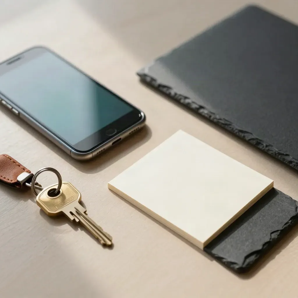 Face-down phone, brass key ring, and blank note card on a slate tray