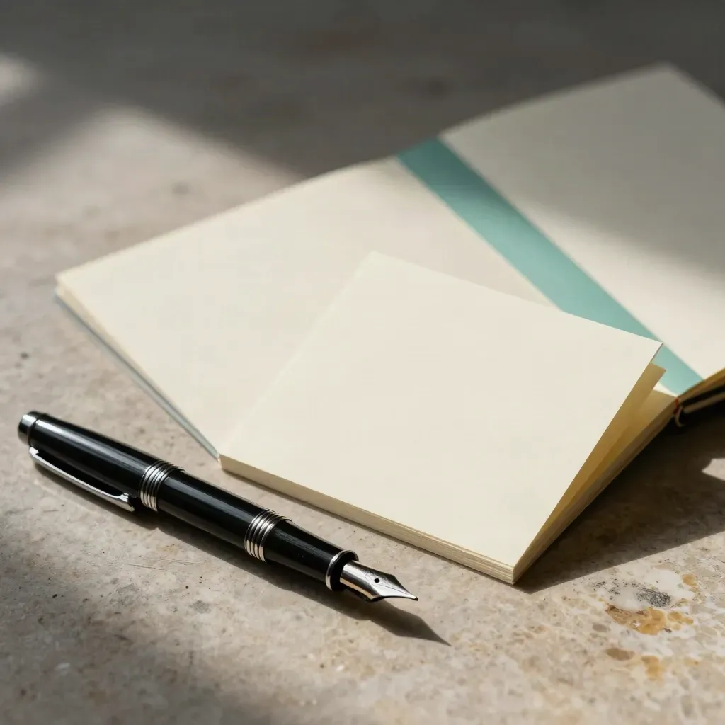 Fountain pen, blank note cards, and open folder on limestone with teal divider tab.