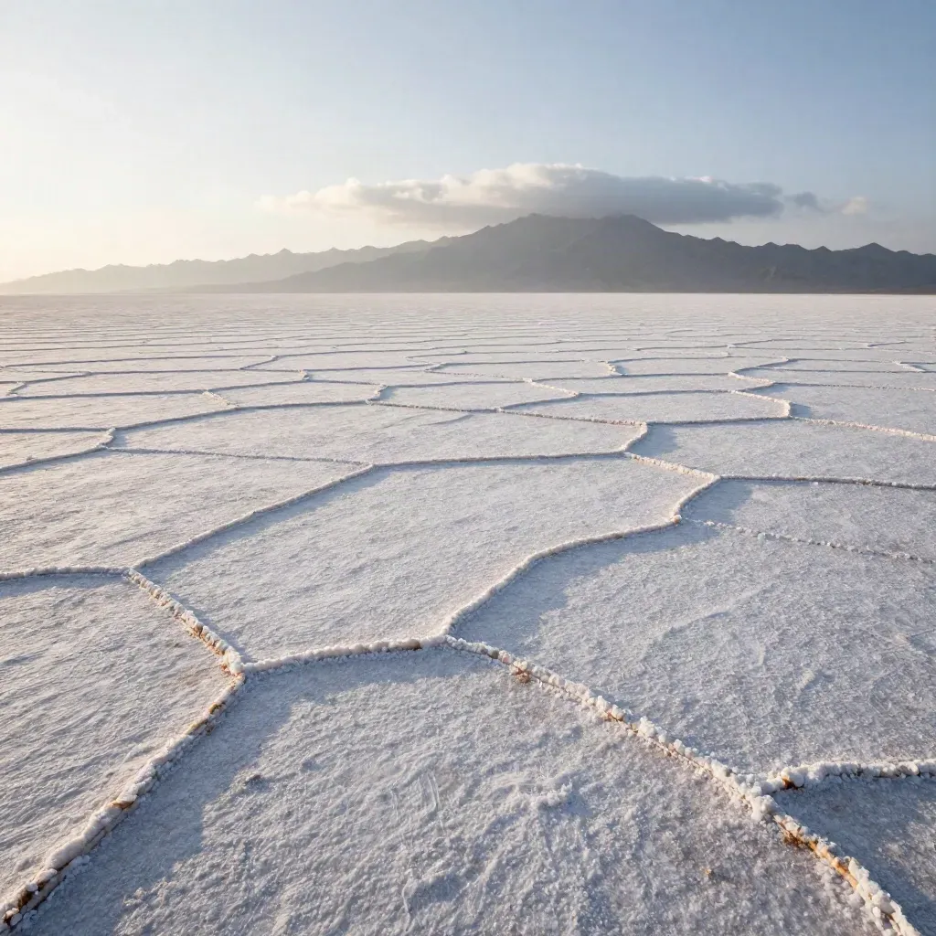Dawn salt flat with distant mountains and soft haze, calm open ground for headline copy.